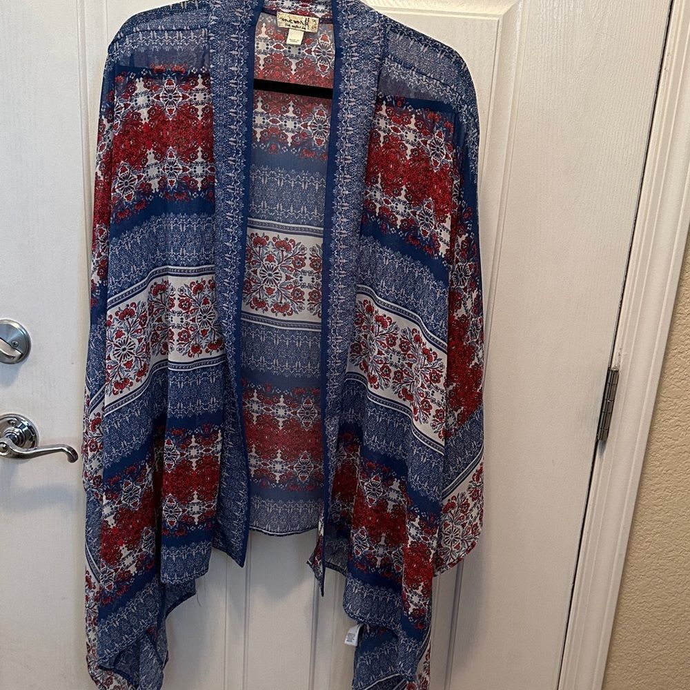 ONE WORLD Red and Blue Floral Open Front Oversized Kimono Size 1X